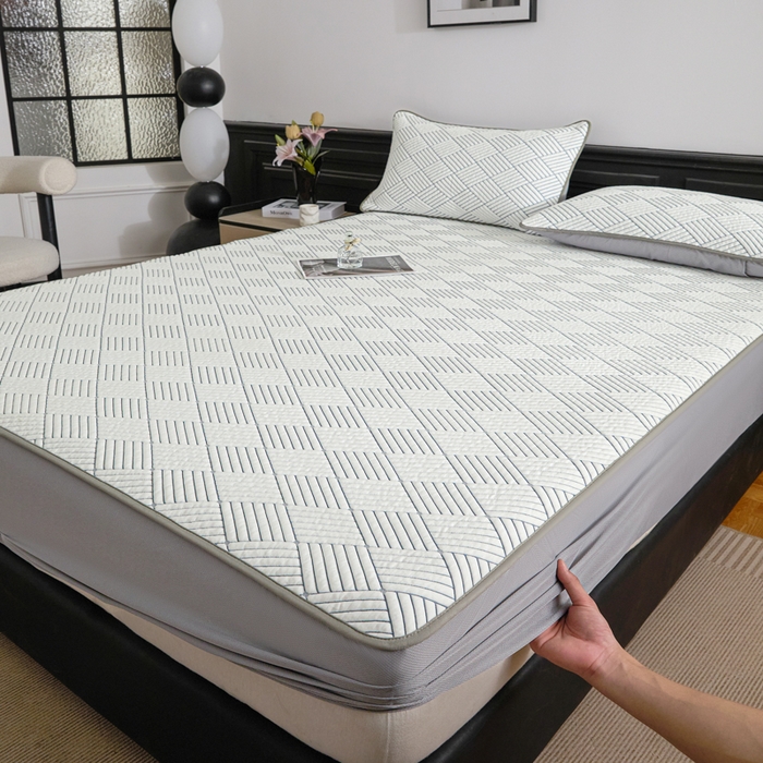 91家纺网 家纺一手货源 找家纺 欧邦 2025新款外贸热销加厚菱形Pe中分子凉感豆豆软席 菱形-灰 床笠款