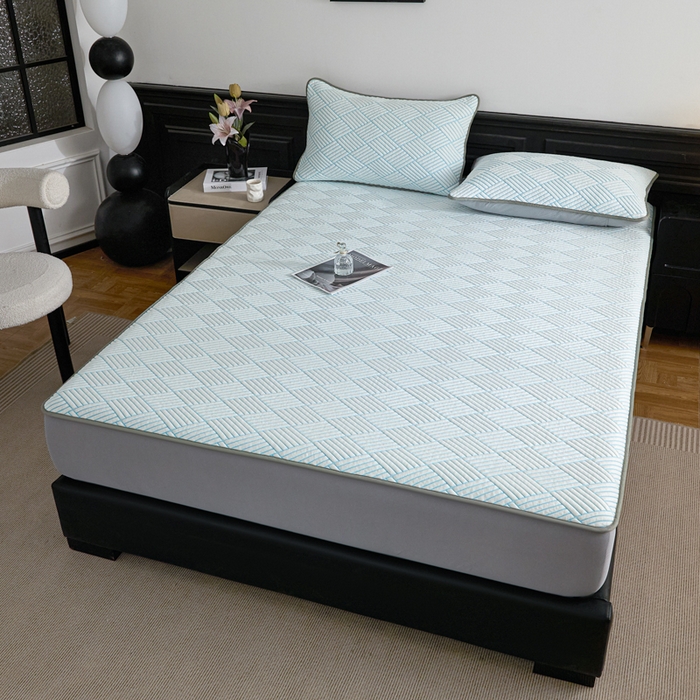 91家纺网 家纺一手货源 找家纺 欧邦 2025新款外贸热销加厚菱形Pe中分子凉感豆豆软席 菱形-蓝 床笠款