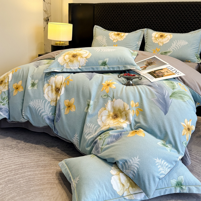 91家纺网 家纺一手货源 找家纺 曲之慕 2025直播爆款纯棉磨毛 高克重加厚全棉磨毛印花四件套 花萃清风-绿