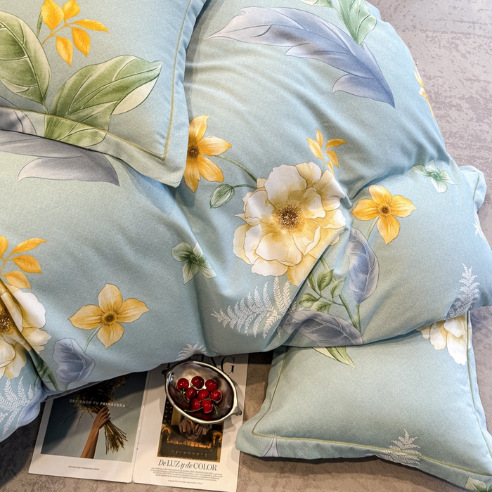 91家纺网 家纺一手货源 找家纺 曲之慕 2025直播爆款纯棉磨毛 高克重加厚全棉磨毛印花四件套 花萃清风-绿