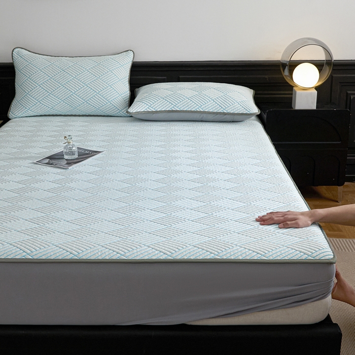 91家纺网 家纺一手货源 找家纺 欧邦 2025新款外贸热销加厚菱形Pe中分子凉感豆豆软席 菱形-蓝 床笠款