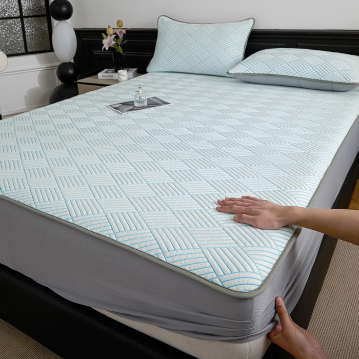 91家纺网 家纺一手货源 找家纺 欧邦 2025新款外贸热销加厚菱形Pe中分子凉感豆豆软席 菱形-蓝 床笠款