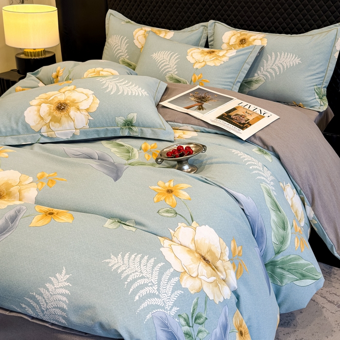 91家纺网 家纺一手货源 找家纺 曲之慕 2025直播爆款纯棉磨毛 高克重加厚全棉磨毛印花四件套 花萃清风-绿