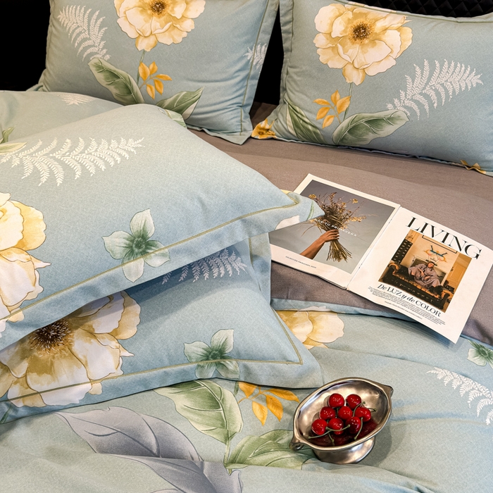 91家纺网 家纺一手货源 找家纺 曲之慕 2025直播爆款纯棉磨毛 高克重加厚全棉磨毛印花四件套 花萃清风-绿