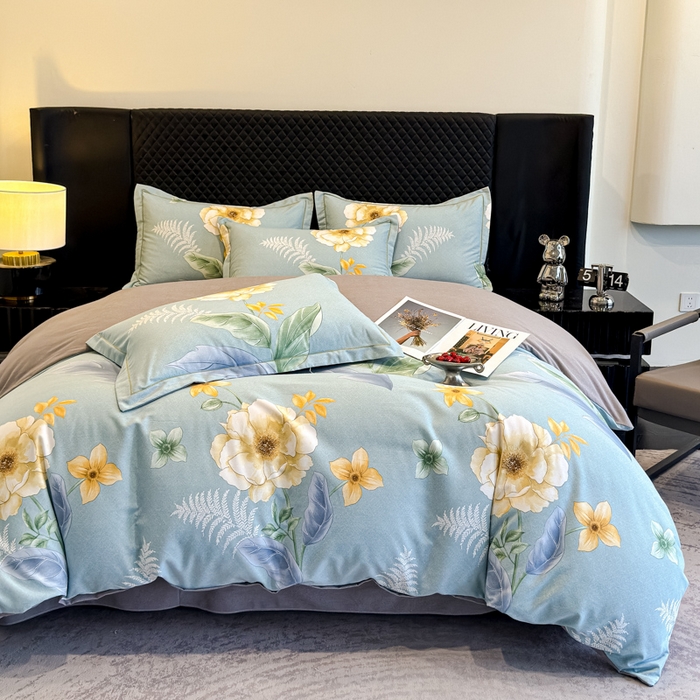 91家纺网 家纺一手货源 找家纺 曲之慕 2025直播爆款纯棉磨毛 高克重加厚全棉磨毛印花四件套 花萃清风-绿