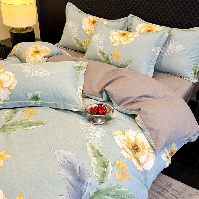 91家纺网 家纺一手货源 找家纺 曲之慕 2025直播爆款纯棉磨毛 高克重加厚全棉磨毛印花四件套 花萃清风-绿