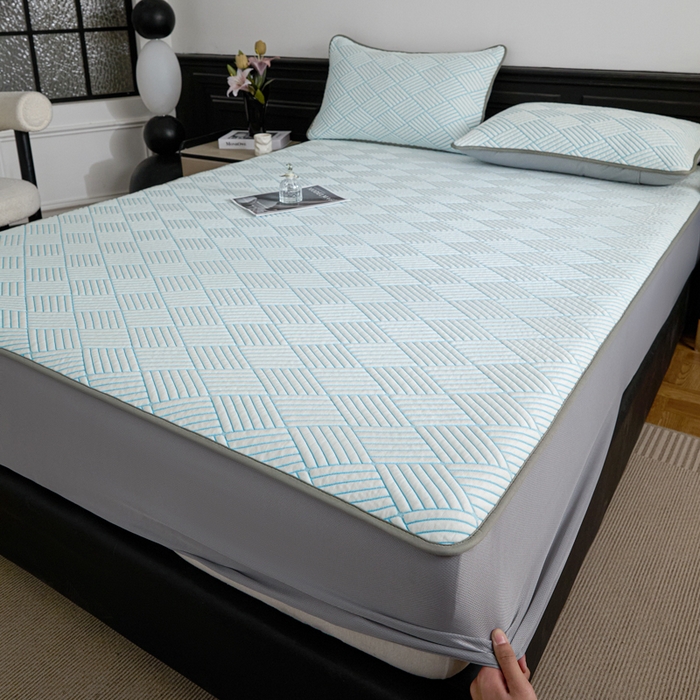 91家纺网 家纺一手货源 找家纺 欧邦 2025新款外贸热销加厚菱形Pe中分子凉感豆豆软席 菱形-蓝 床笠款