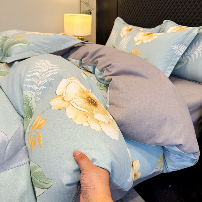 91家纺网 家纺一手货源 找家纺 曲之慕 2025直播爆款纯棉磨毛 高克重加厚全棉磨毛印花四件套 花萃清风-绿