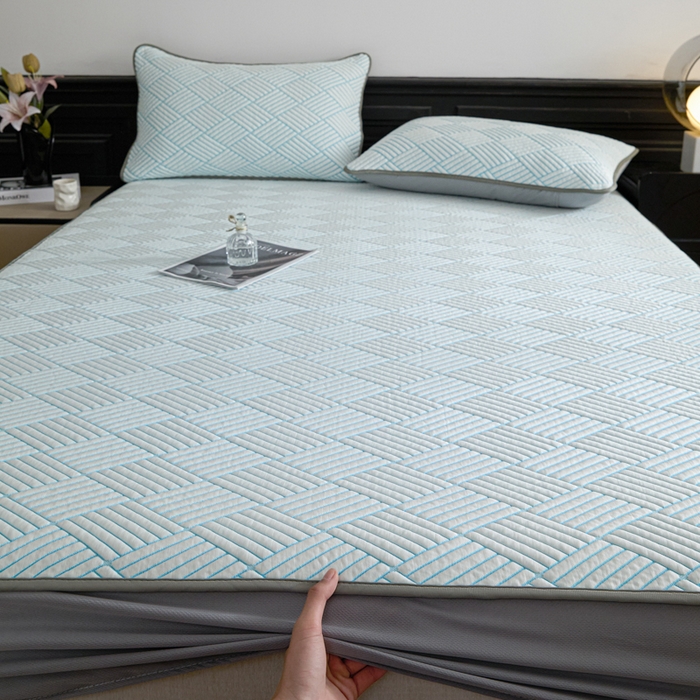 91家纺网 家纺一手货源 找家纺 欧邦 2025新款外贸热销加厚菱形Pe中分子凉感豆豆软席 菱形-蓝 床笠款