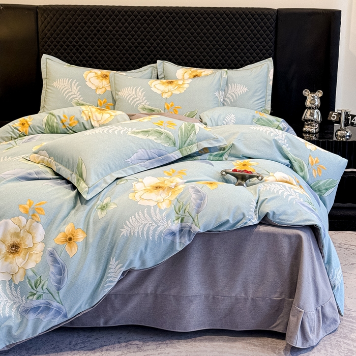 91家纺网 家纺一手货源 找家纺 曲之慕 2025直播爆款纯棉磨毛 高克重加厚全棉磨毛印花四件套 花萃清风-绿