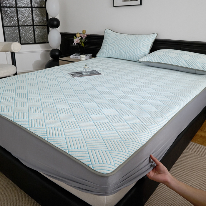 91家纺网 家纺一手货源 找家纺 欧邦 2025新款外贸热销加厚菱形Pe中分子凉感豆豆软席 菱形-蓝 床笠款