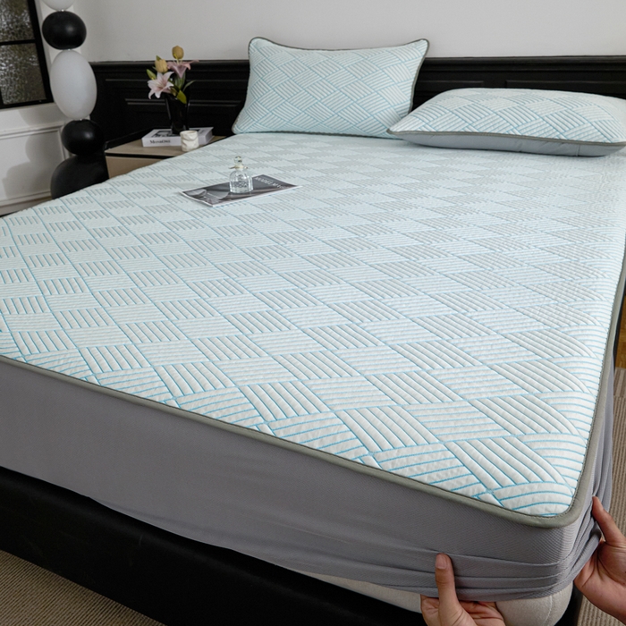 91家纺网 家纺一手货源 找家纺 欧邦 2025新款外贸热销加厚菱形Pe中分子凉感豆豆软席 菱形-蓝 床笠款