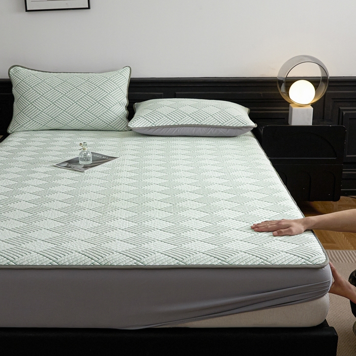 91家纺网 家纺一手货源 找家纺 欧邦 2025新款外贸热销加厚菱形Pe中分子凉感豆豆软席 菱形-绿 床笠款