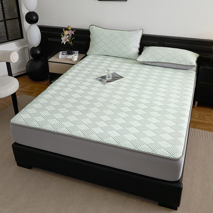 91家纺网 家纺一手货源 找家纺 欧邦 2025新款外贸热销加厚菱形Pe中分子凉感豆豆软席 菱形-绿 床笠款