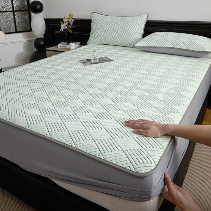 91家纺网 家纺一手货源 找家纺 欧邦 2025新款外贸热销加厚菱形Pe中分子凉感豆豆软席 菱形-绿 床笠款