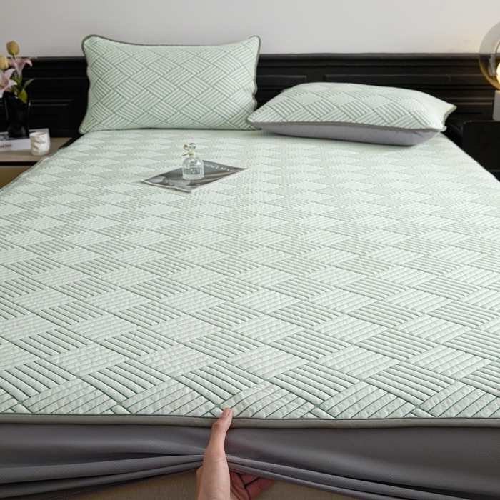 91家纺网 家纺一手货源 找家纺 欧邦 2025新款外贸热销加厚菱形Pe中分子凉感豆豆软席 菱形-绿 床笠款