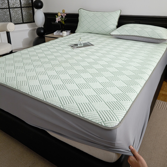 91家纺网 家纺一手货源 找家纺 欧邦 2025新款外贸热销加厚菱形Pe中分子凉感豆豆软席 菱形-绿 床笠款