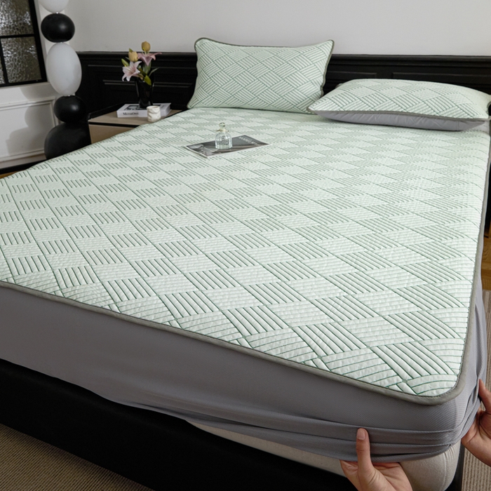 91家纺网 家纺一手货源 找家纺 欧邦 2025新款外贸热销加厚菱形Pe中分子凉感豆豆软席 菱形-绿 床笠款