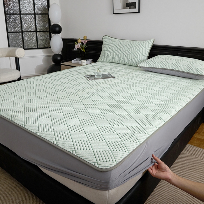 91家纺网 家纺一手货源 找家纺 欧邦 2025新款外贸热销加厚菱形Pe中分子凉感豆豆软席 菱形-绿 床笠款