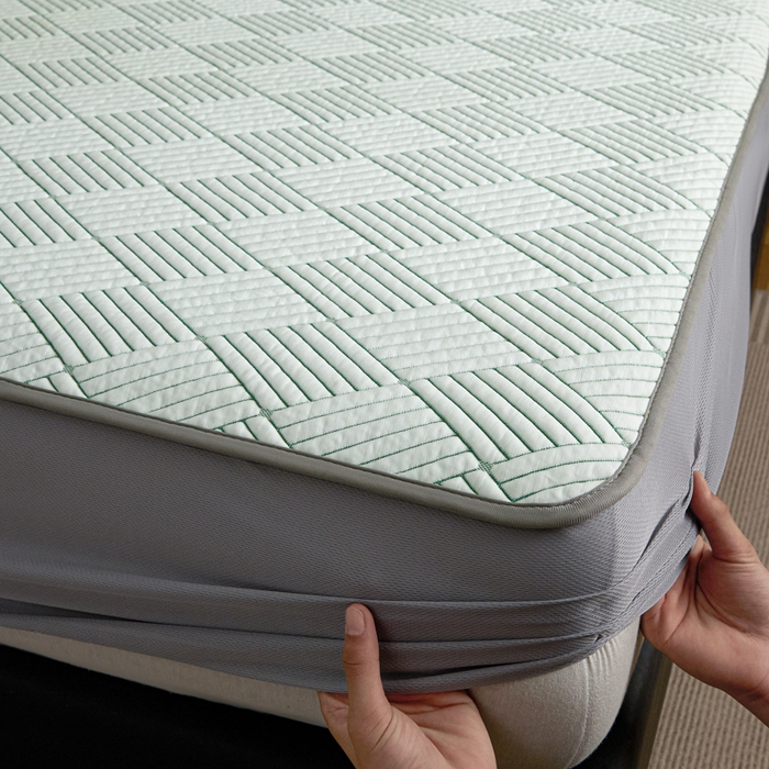 91家纺网 家纺一手货源 找家纺 欧邦 2025新款外贸热销加厚菱形Pe中分子凉感豆豆软席 菱形-绿 床笠款