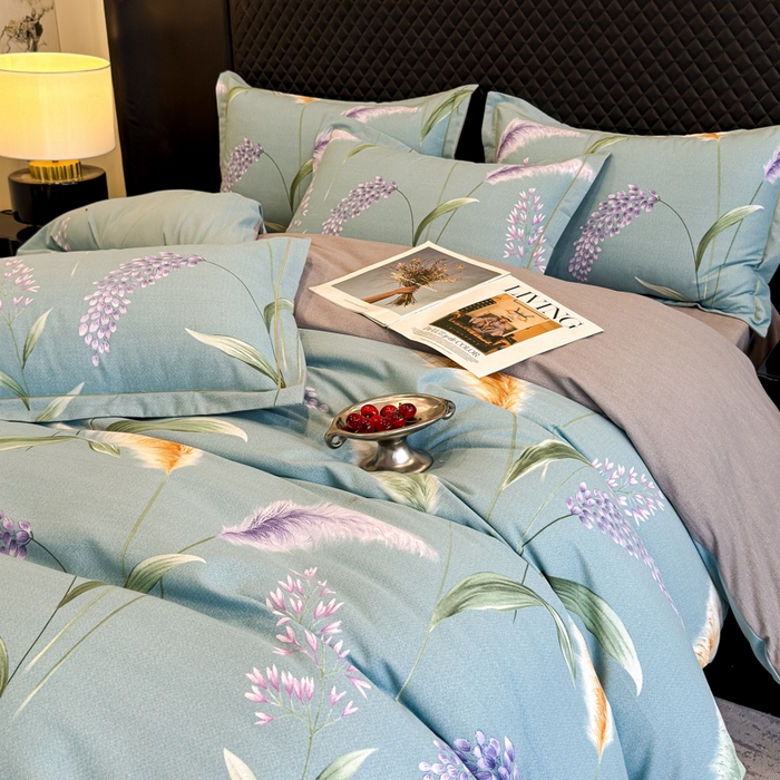 91家纺网 家纺一手货源 找家纺 曲之慕 2025直播爆款纯棉磨毛 高克重加厚全棉磨毛印花四件套 花穗-蓝