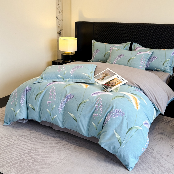 91家纺网 家纺一手货源 找家纺 曲之慕 2025直播爆款纯棉磨毛 高克重加厚全棉磨毛印花四件套 花穗-蓝