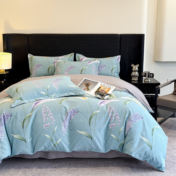 91家纺网 家纺一手货源 找家纺 曲之慕 2025直播爆款纯棉磨毛 高克重加厚全棉磨毛印花四件套 花穗-蓝