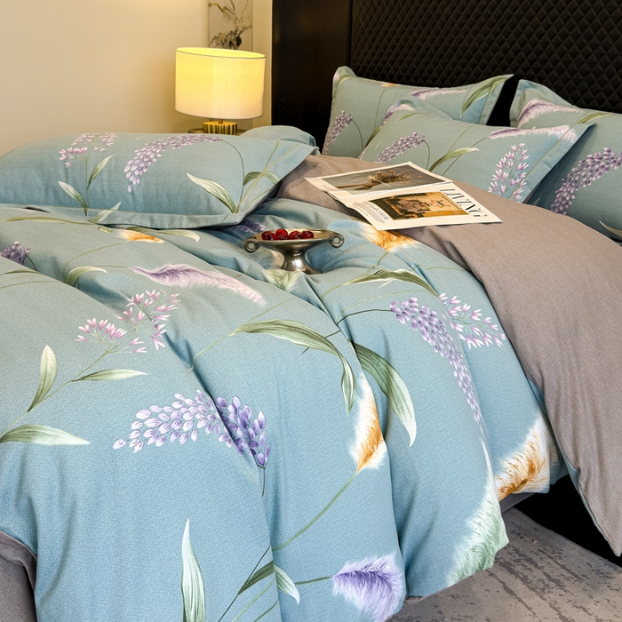 91家纺网 家纺一手货源 找家纺 曲之慕 2025直播爆款纯棉磨毛 高克重加厚全棉磨毛印花四件套 花穗-蓝