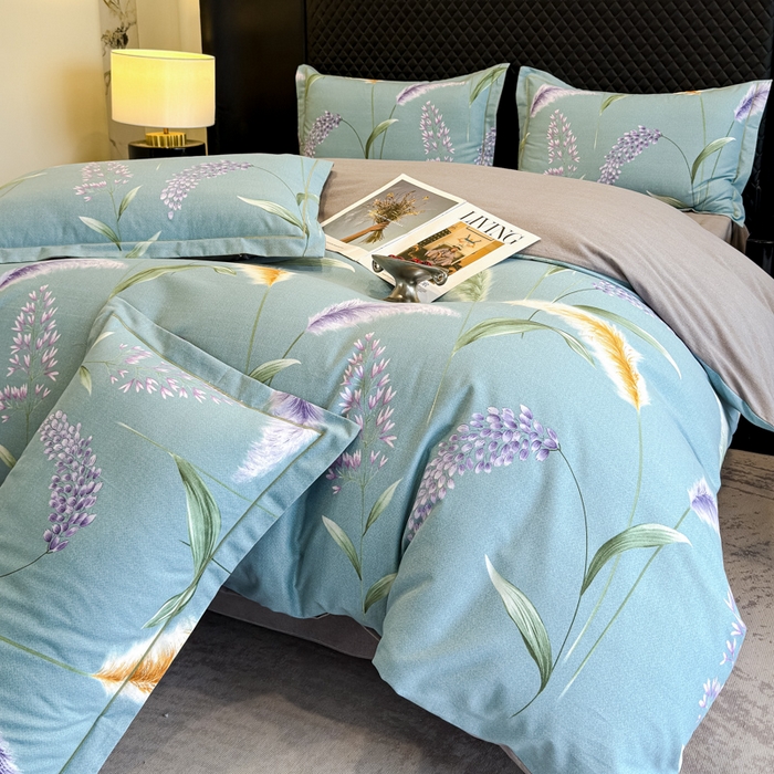 91家纺网 家纺一手货源 找家纺 曲之慕 2025直播爆款纯棉磨毛 高克重加厚全棉磨毛印花四件套 花穗-蓝