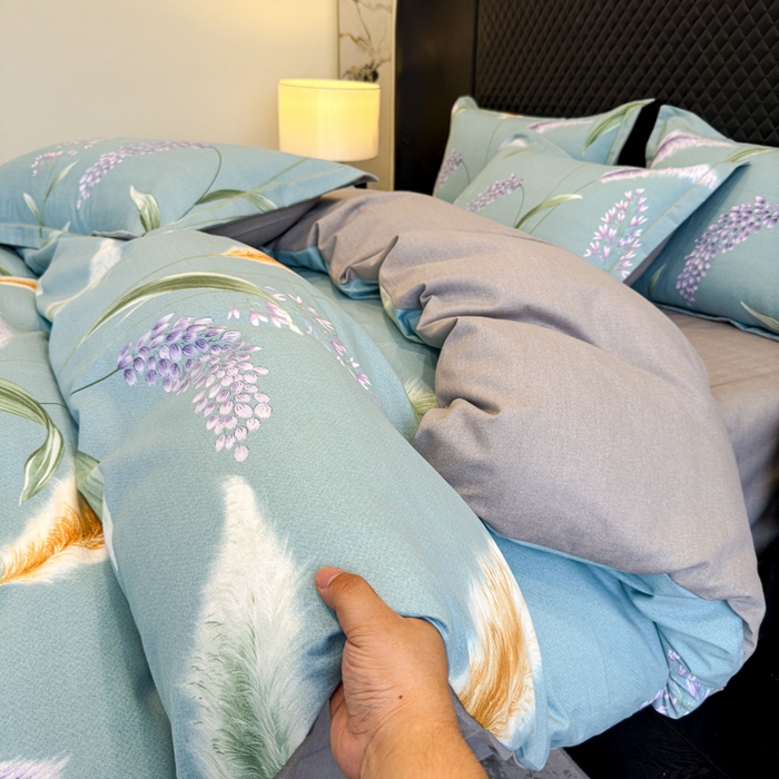 91家纺网 家纺一手货源 找家纺 曲之慕 2025直播爆款纯棉磨毛 高克重加厚全棉磨毛印花四件套 花穗-蓝