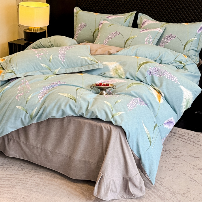 91家纺网 家纺一手货源 找家纺 曲之慕 2025直播爆款纯棉磨毛 高克重加厚全棉磨毛印花四件套 花穗-蓝