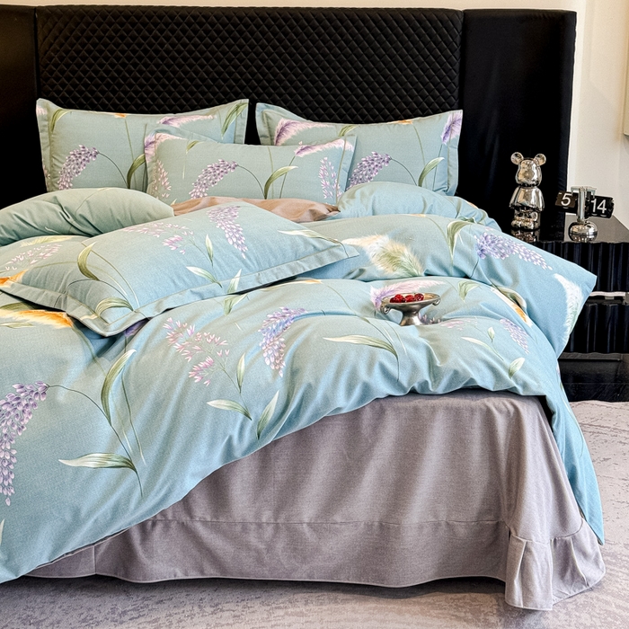 91家纺网 家纺一手货源 找家纺 曲之慕 2025直播爆款纯棉磨毛 高克重加厚全棉磨毛印花四件套 花穗-蓝