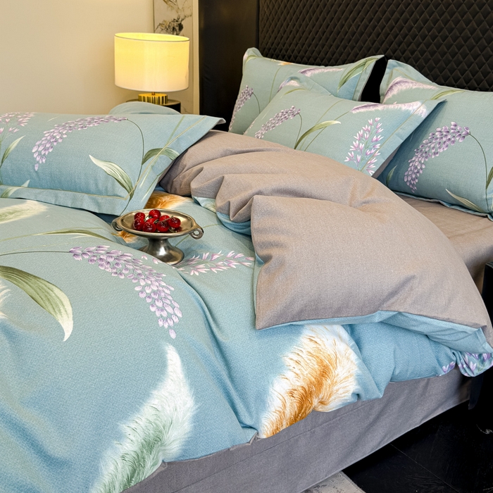 91家纺网 家纺一手货源 找家纺 曲之慕 2025直播爆款纯棉磨毛 高克重加厚全棉磨毛印花四件套 花穗-蓝