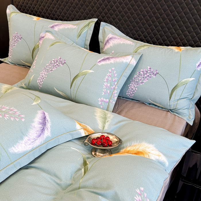 91家纺网 家纺一手货源 找家纺 曲之慕 2025直播爆款纯棉磨毛 高克重加厚全棉磨毛印花四件套 花穗-蓝