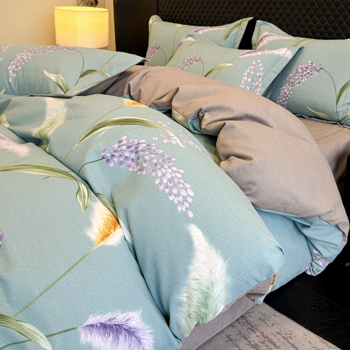 91家纺网 家纺一手货源 找家纺 曲之慕 2025直播爆款纯棉磨毛 高克重加厚全棉磨毛印花四件套 花穗-蓝