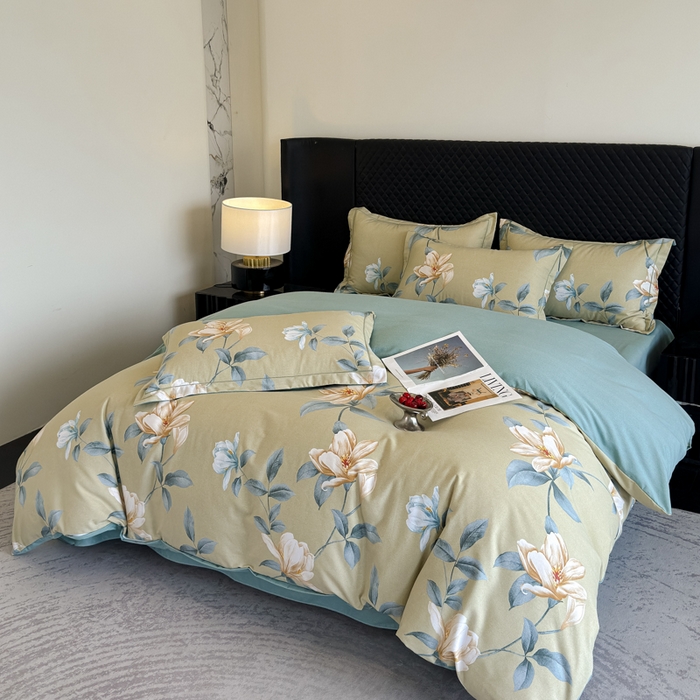 91家纺网 家纺一手货源 找家纺 曲之慕 2025直播爆款纯棉磨毛 高克重加厚全棉磨毛印花四件套 花兮-绿