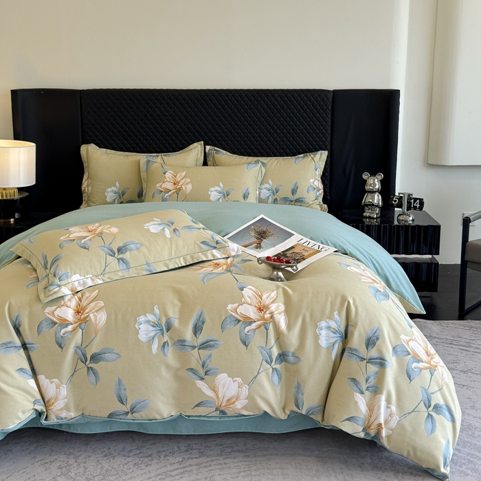 91家纺网 家纺一手货源 找家纺 曲之慕 2025直播爆款纯棉磨毛 高克重加厚全棉磨毛印花四件套 花兮-绿