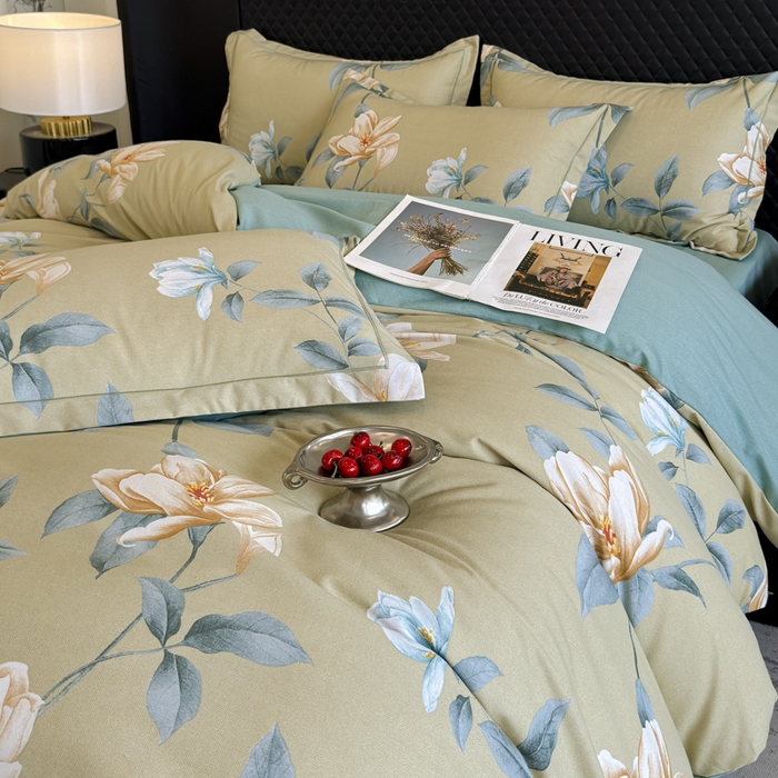 91家纺网 家纺一手货源 找家纺 曲之慕 2025直播爆款纯棉磨毛 高克重加厚全棉磨毛印花四件套 花兮-绿