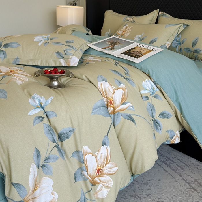 91家纺网 家纺一手货源 找家纺 曲之慕 2025直播爆款纯棉磨毛 高克重加厚全棉磨毛印花四件套 花兮-绿