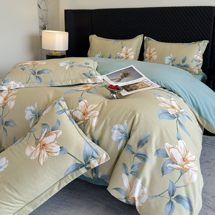 91家纺网 家纺一手货源 找家纺 曲之慕 2025直播爆款纯棉磨毛 高克重加厚全棉磨毛印花四件套 花兮-绿