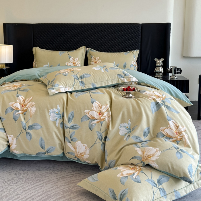 91家纺网 家纺一手货源 找家纺 曲之慕 2025直播爆款纯棉磨毛 高克重加厚全棉磨毛印花四件套 花兮-绿