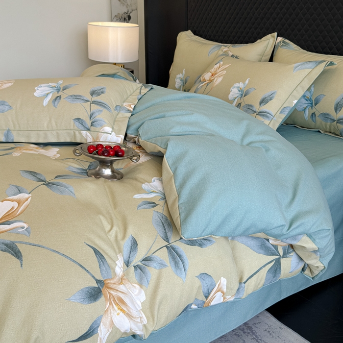 91家纺网 家纺一手货源 找家纺 曲之慕 2025直播爆款纯棉磨毛 高克重加厚全棉磨毛印花四件套 花兮-绿