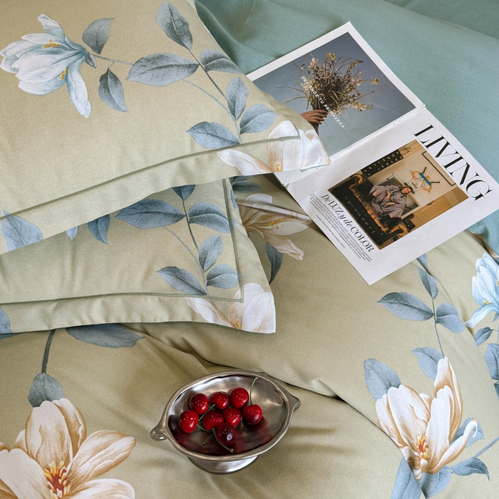 91家纺网 家纺一手货源 找家纺 曲之慕 2025直播爆款纯棉磨毛 高克重加厚全棉磨毛印花四件套 花兮-绿