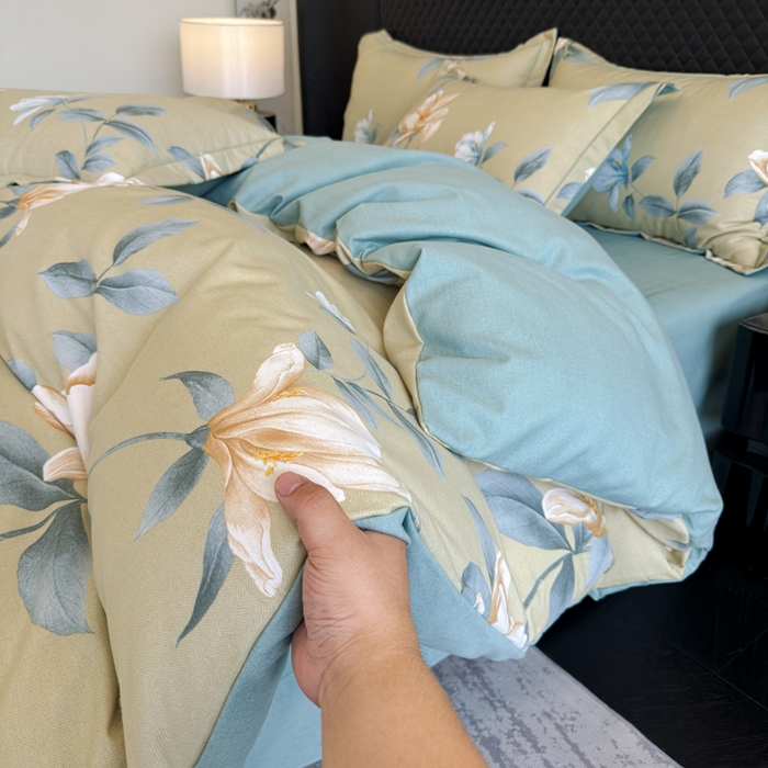 91家纺网 家纺一手货源 找家纺 曲之慕 2025直播爆款纯棉磨毛 高克重加厚全棉磨毛印花四件套 花兮-绿