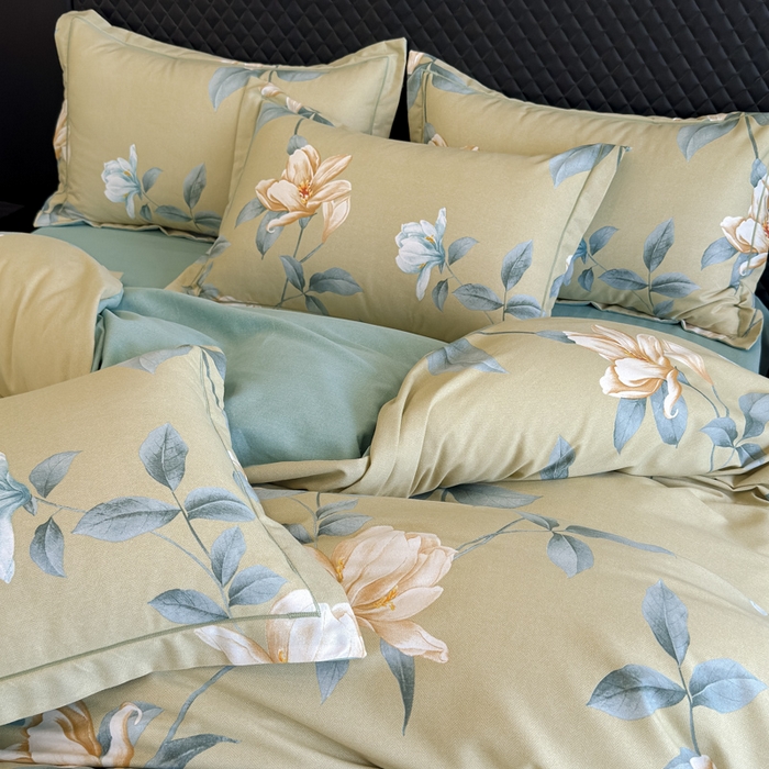 91家纺网 家纺一手货源 找家纺 曲之慕 2025直播爆款纯棉磨毛 高克重加厚全棉磨毛印花四件套 花兮-绿