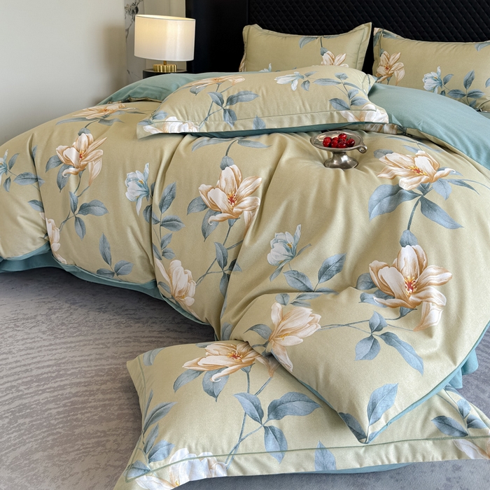 91家纺网 家纺一手货源 找家纺 曲之慕 2025直播爆款纯棉磨毛 高克重加厚全棉磨毛印花四件套 花兮-绿