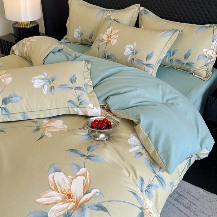 91家纺网 家纺一手货源 找家纺 曲之慕 2025直播爆款纯棉磨毛 高克重加厚全棉磨毛印花四件套 花兮-绿