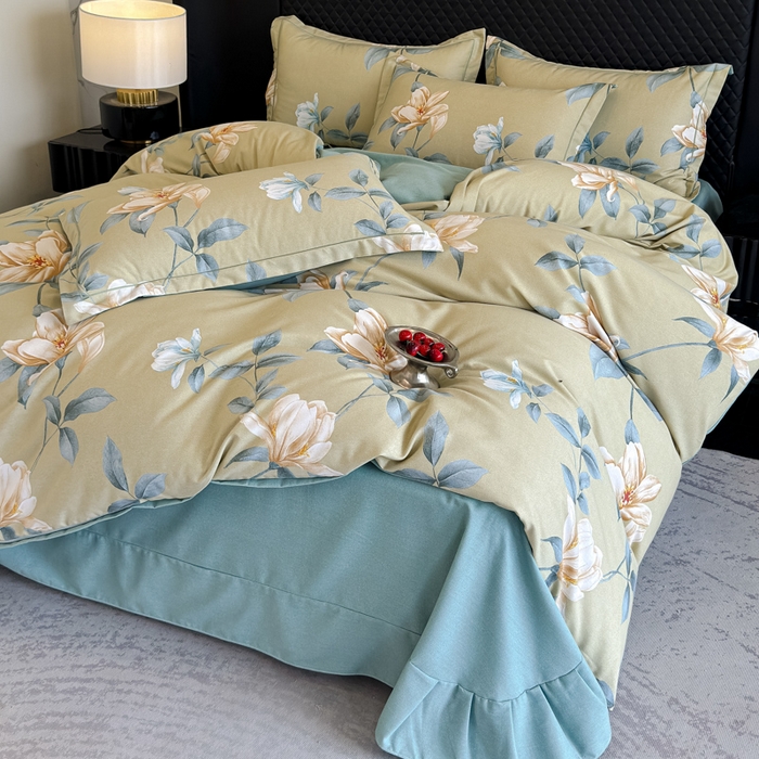 91家纺网 家纺一手货源 找家纺 曲之慕 2025直播爆款纯棉磨毛 高克重加厚全棉磨毛印花四件套 花兮-绿