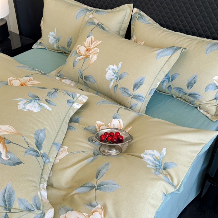 91家纺网 家纺一手货源 找家纺 曲之慕 2025直播爆款纯棉磨毛 高克重加厚全棉磨毛印花四件套 花兮-绿