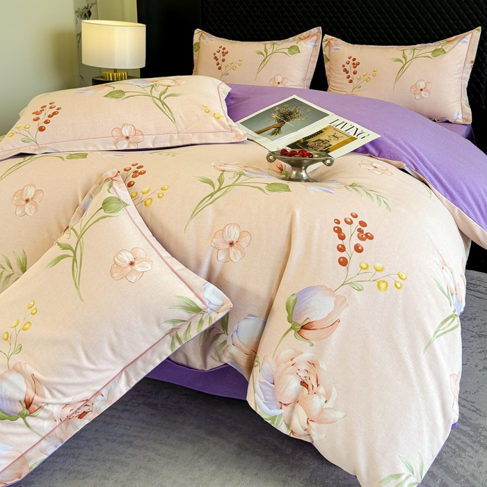 91家纺网 家纺一手货源 找家纺 曲之慕 2025直播爆款纯棉磨毛 高克重加厚全棉磨毛印花四件套 花与梦-粉